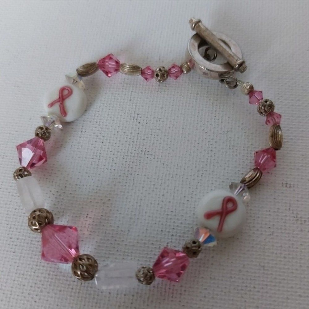 Breast Cancer Awareness Ribbon Beaded Toggle Clasp Bracelet